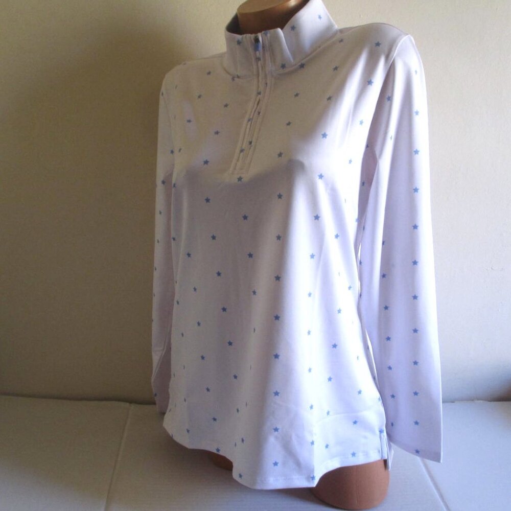 RENWICK Quarter-Zip Mock Neck Golf Top Size L White Periwinkle Star Print White - Picture 4 of 8
